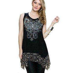 NEW VOCAL fleur-de-lis animal print LEOPARD LACE TANK TOP TUNIC BLK SM-XL